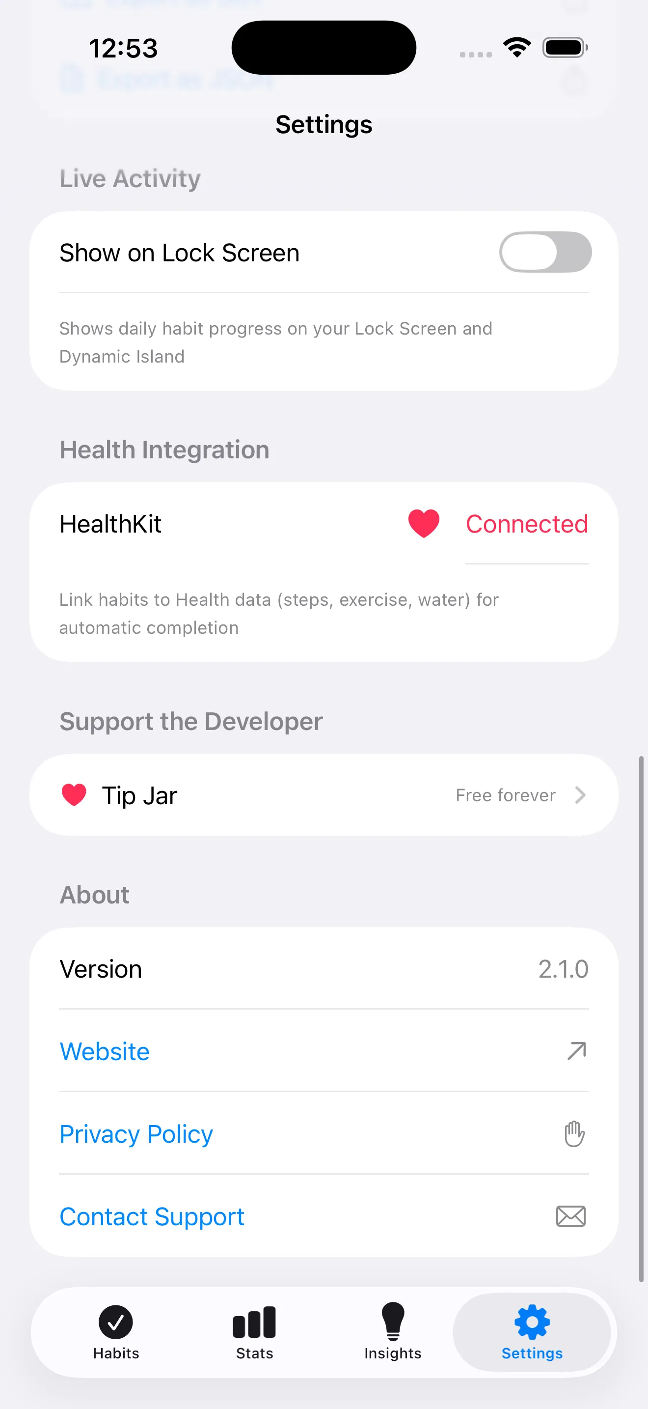 Settings screen showing HealthKit integration, tip jar, and Live Activity toggle