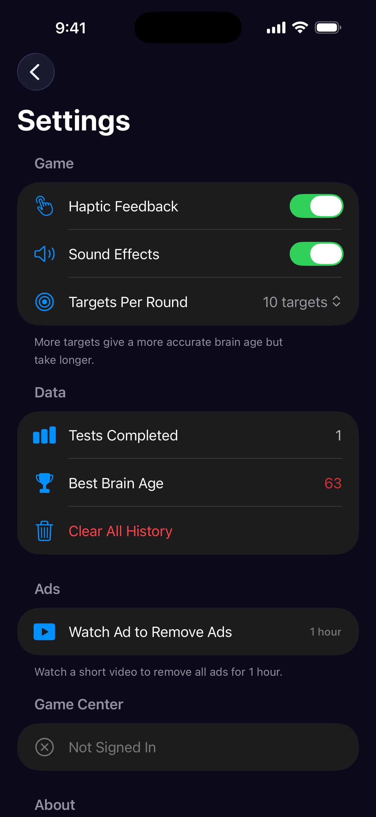 Shareable result card with brain age score
