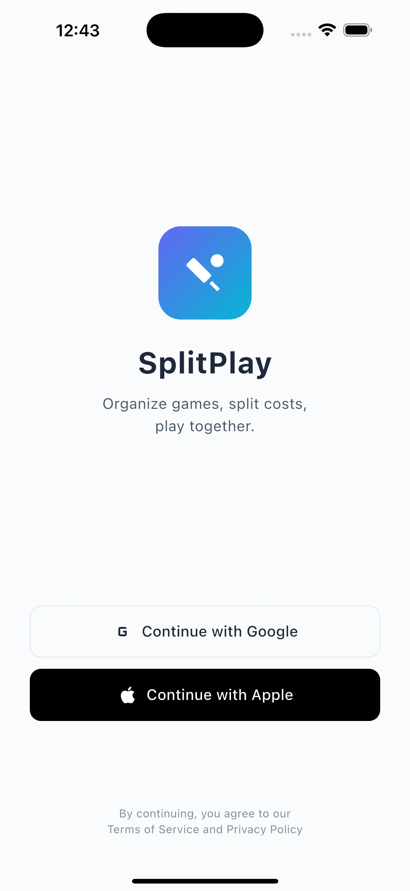 Login screen with Google and Apple sign-in options
