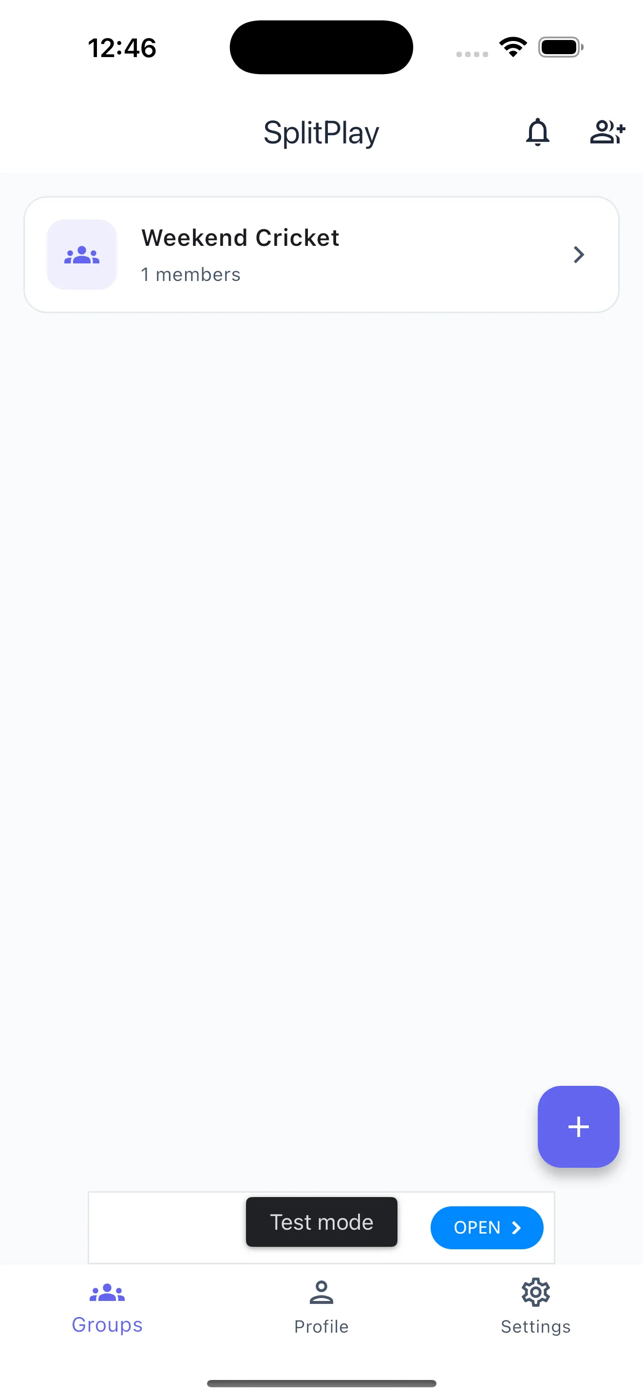 Groups screen showing Weekend Cricket group with member count