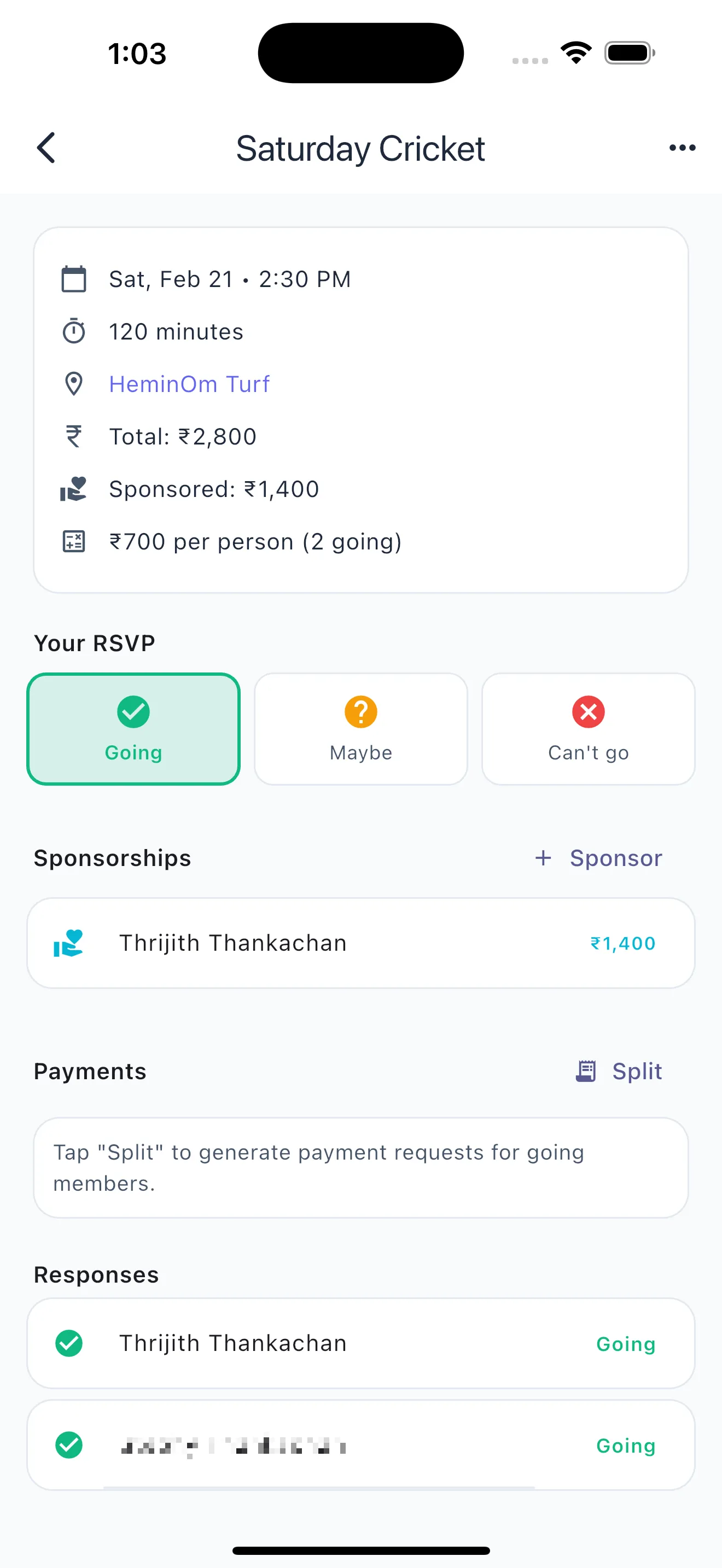SplitPlay App - Game detail with RSVP, cost splitting, and payments