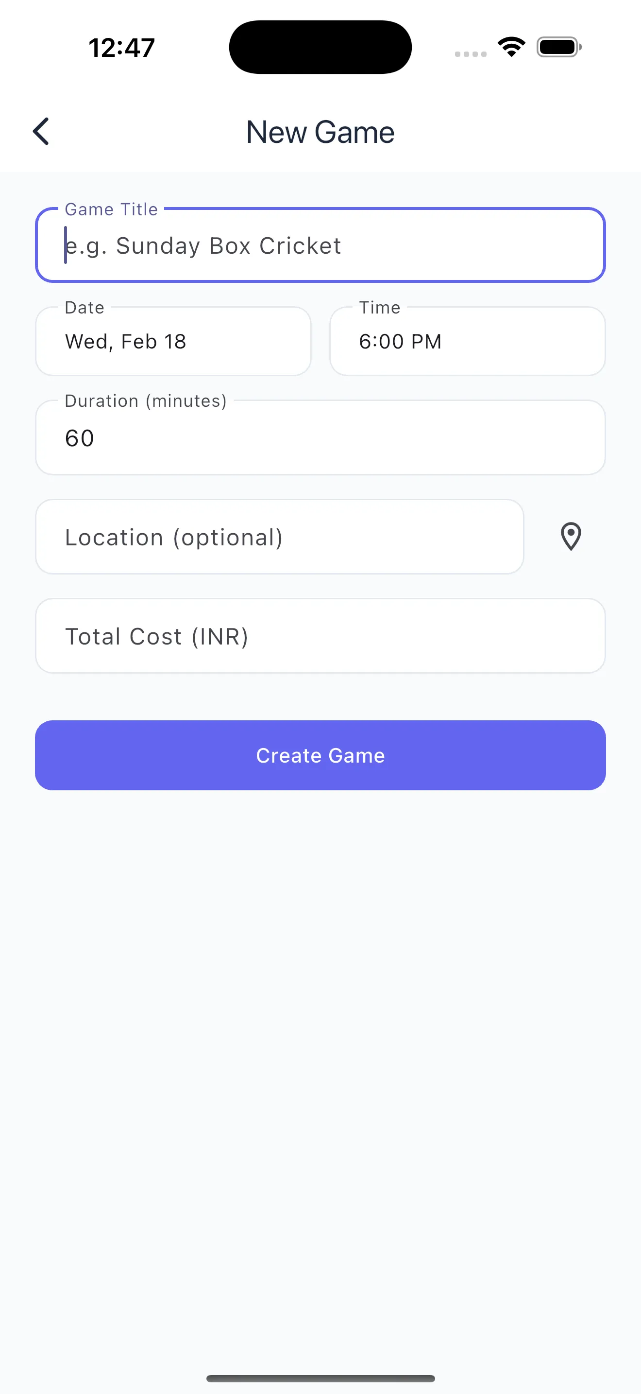 Create game form with title, date, time, location, and cost fields